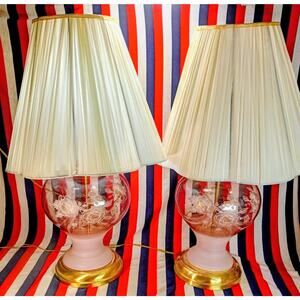 Vintage Pink Glass Floral Table Lamp | Vintage Lamp With Lamp Shades Tested Work